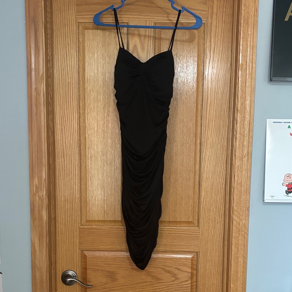 Express Black Ruched Midi Dress with Spaghetti Straps